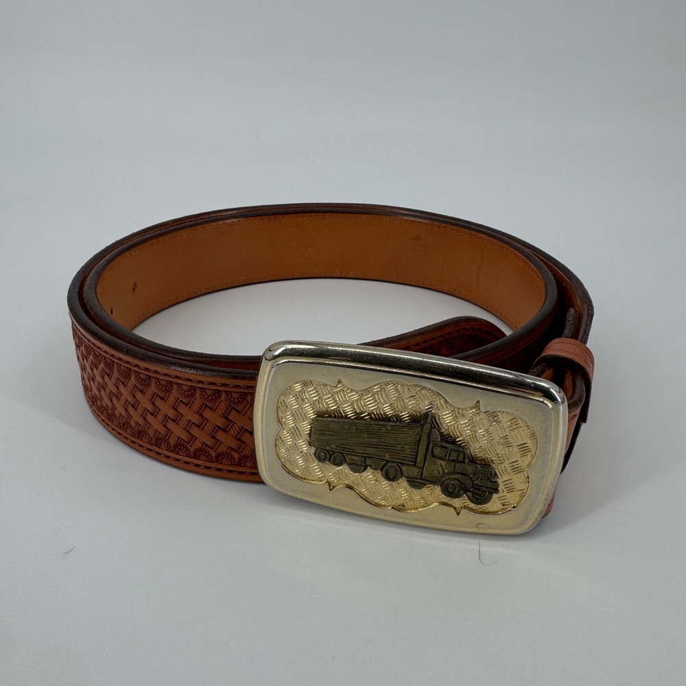 Tom Taylor Mens Brown Tooled Leather Belt Size 38 Silver Gold Semi Truck Buckle